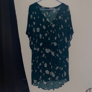 Plus Size Teal Floral Print Blouse with High Low Hemline